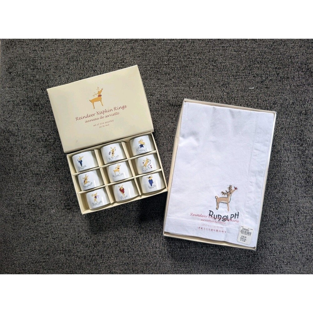 Pottery barn Reindeer Cloth Embroidered Dinner Napkins & Rings 9 Complete